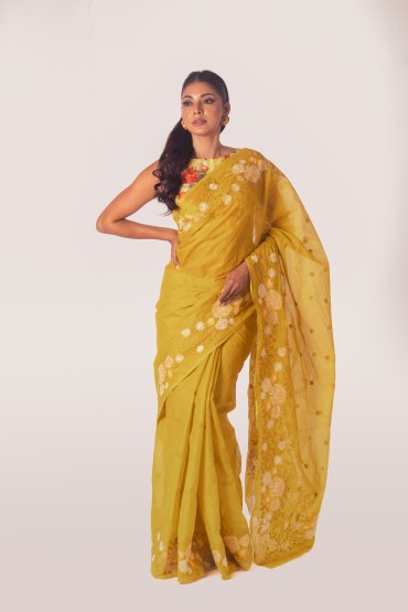 Floral Embroidered Cotton Sari