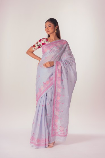 Peony Embroidered Cotton Sari